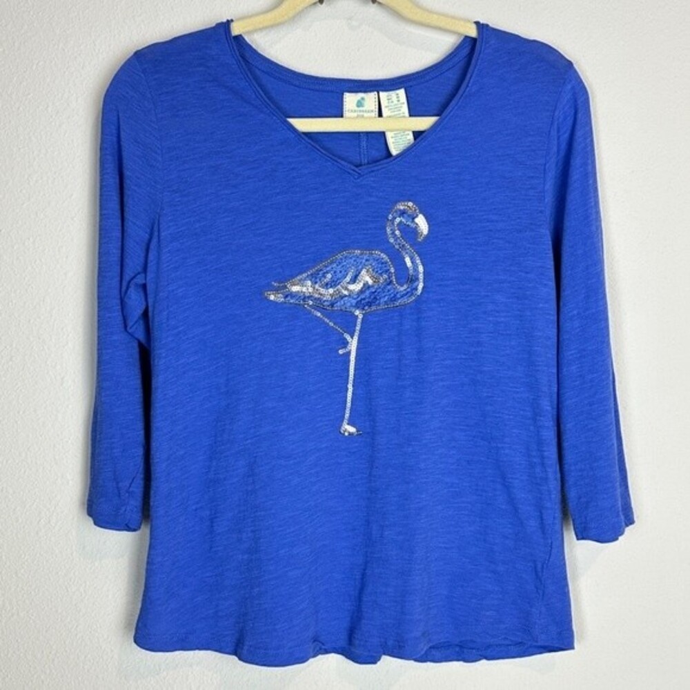 Caribbean Joe Blue Slub Cotton Sequin Flamingo T-shirt PM
